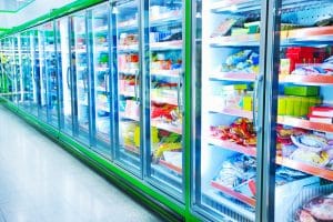 Refrigerators with products in supermarket